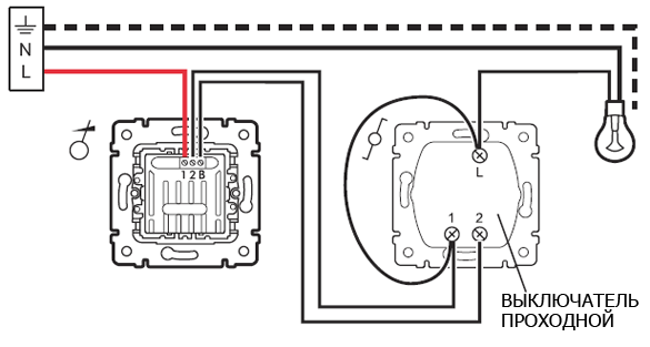 Схема подключения диммера с проходным выключателем